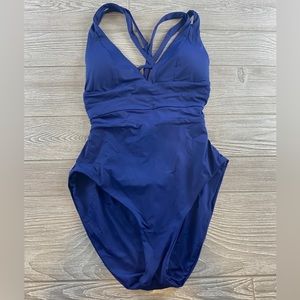 BECCA by Rebecca Virtue Plunge One Piece Navy Blue Size Medium Strappy Back